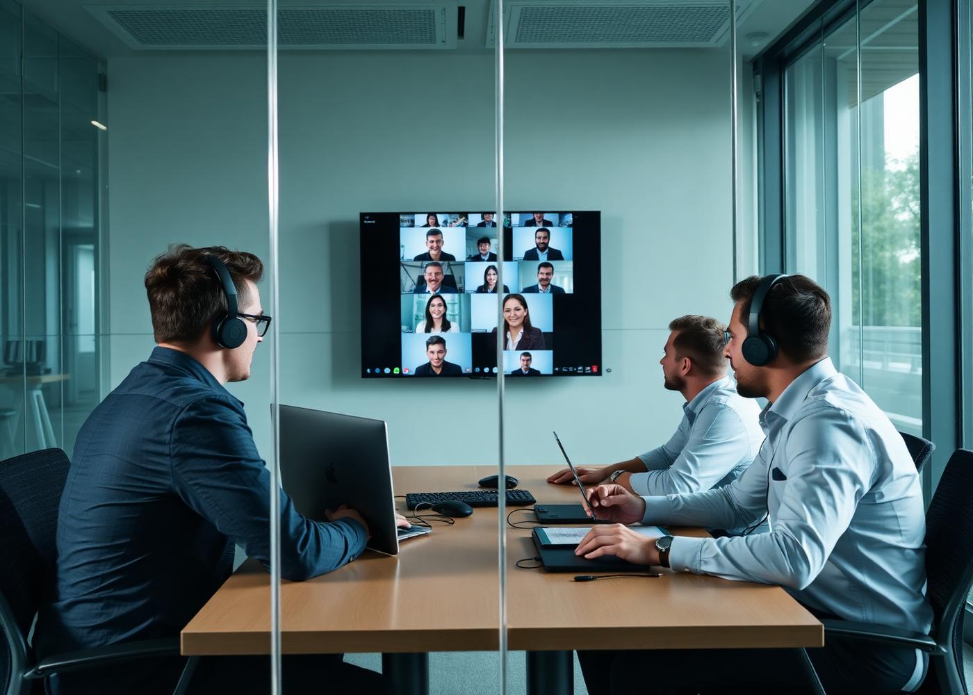 Unified communications engineers reviewing a video meeting on a wall display